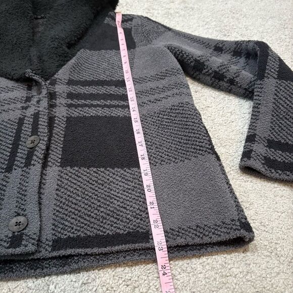 Barefoot Dreams CozyChic Black Grey Gray Plaid Shearling Cardigan Jacket Size XS - Picture 10 of 12